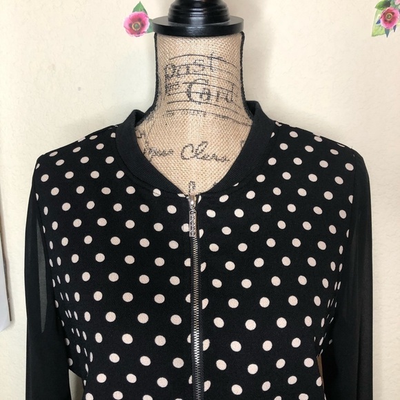 BCBG MaxAzria Discontinued Black, White Polka Dot Bomber with Sheer Sleeves Sz L - Picture 2 of 9